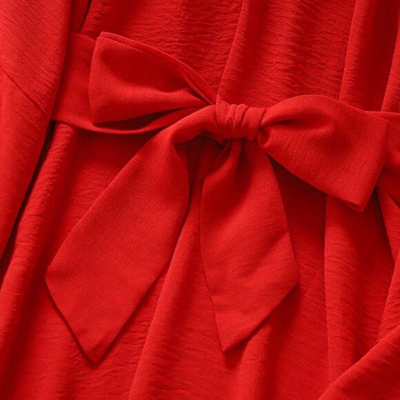 Red Glam Women's V-Neck Asymmetrical Tie-Up Long Sleeve Loose Mini Dress - Picture 8 of 8